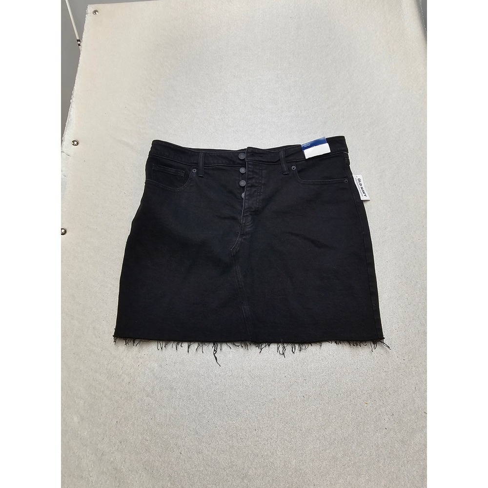 Old Navy Womens Black High Rise Button Fly Mini Denim Skirt Frayed Hem Size 14